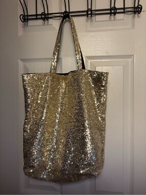 Gold Sequin Oversized Tote Bag Sparkle Shopper Shoulder Bag